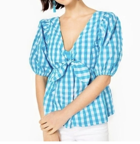 Lilly Pulitzer Tops - Lilly Pulitzer Blue and White Gingham Top size 14